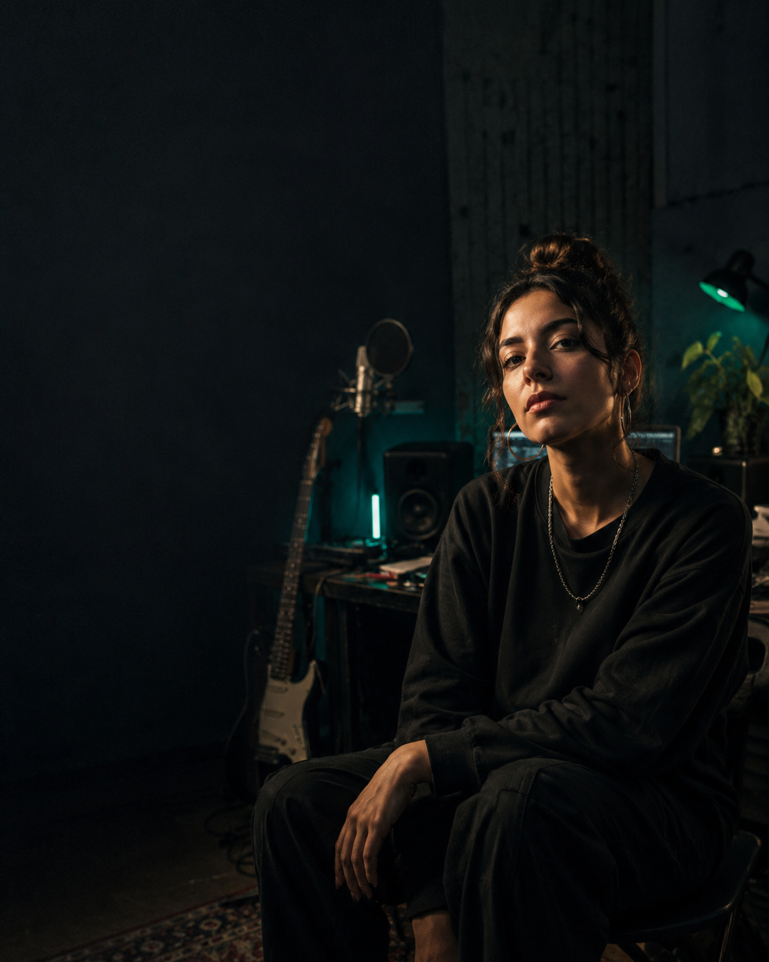 Confident independent artist in a moody studio environment